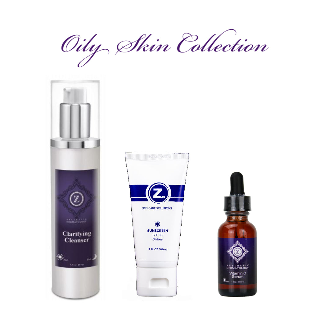 Oily Skin: Clarifying Cleanser, Vitamin C Serum, ZMD SPF 30 Sunscreen